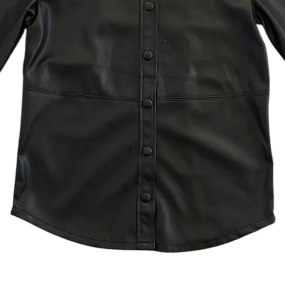 Liverpool Seamed Faux Vegan Button-down Leather Shacket, Black, Size XS