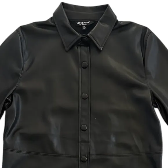Liverpool Seamed Faux Vegan Button-down Leather Shacket, Black, Size XS