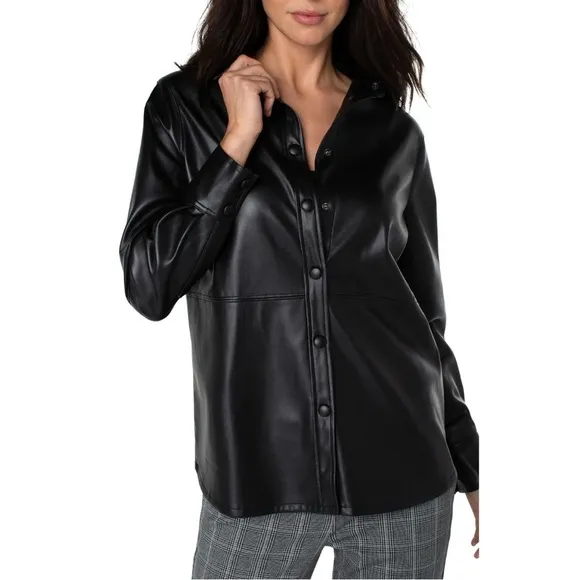 Liverpool Seamed Faux Vegan Button-down Leather Shacket, Black, Size XS