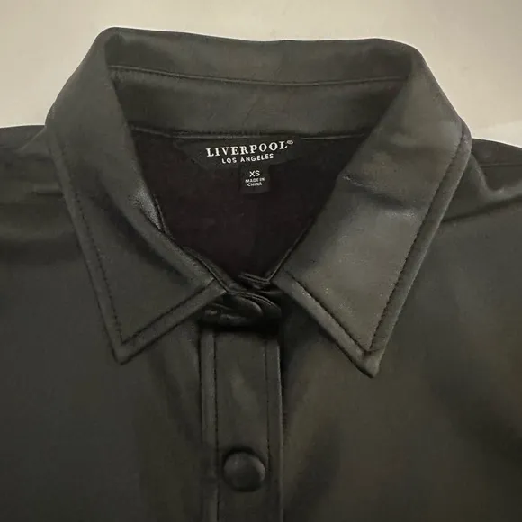 Liverpool Seamed Faux Vegan Button-down Leather Shacket, Black, Size XS