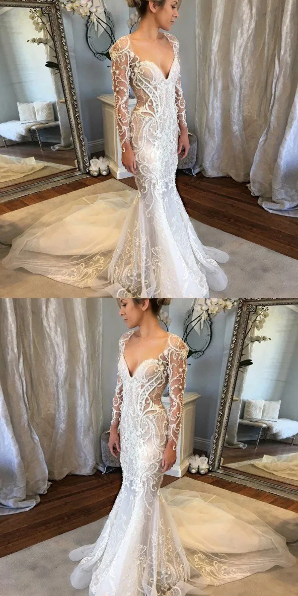 Long Sleeves Mermaid V-Neck Court Train Lace Unique Design Newest Long Wedding Dresses, WD0161