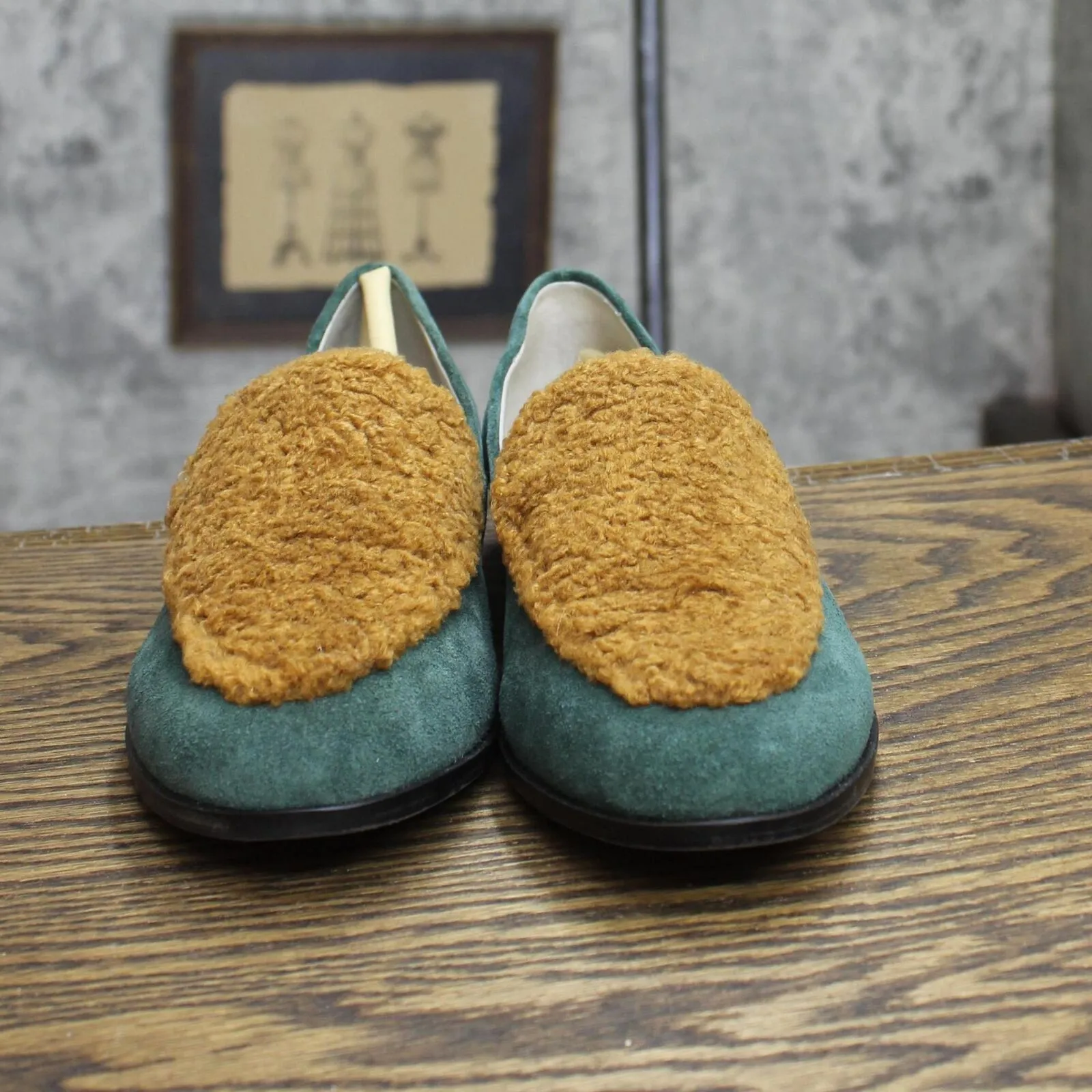 Lori Goldstein Collection Suede Fur Split Greer Loafers Green / Brown 6.5M