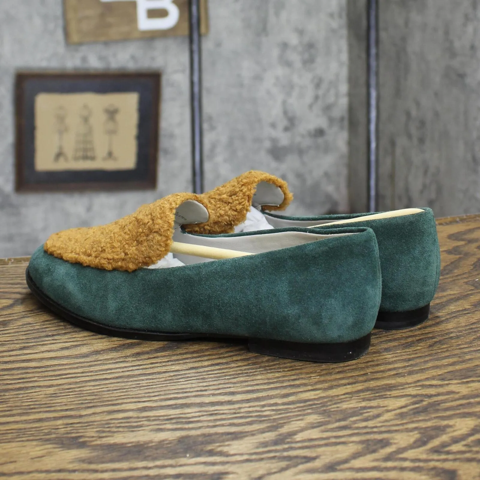 Lori Goldstein Collection Suede Fur Split Greer Loafers Green / Brown 6.5M