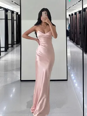 Lovely Pink Soft Satin Straps Prom Dress, Pink Satin Party Dress Formal Dress