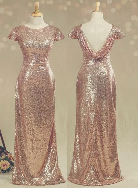 Lovely Sequins Cap Sleeves Bridesmaid Dress, Long Sequins Formal Dress
