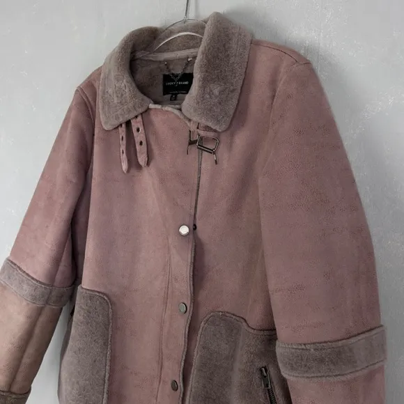 Lucky Brand women size M faux suede fur jacket mauve pink full zip mid length
