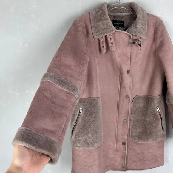 Lucky Brand women size M faux suede fur jacket mauve pink full zip mid length