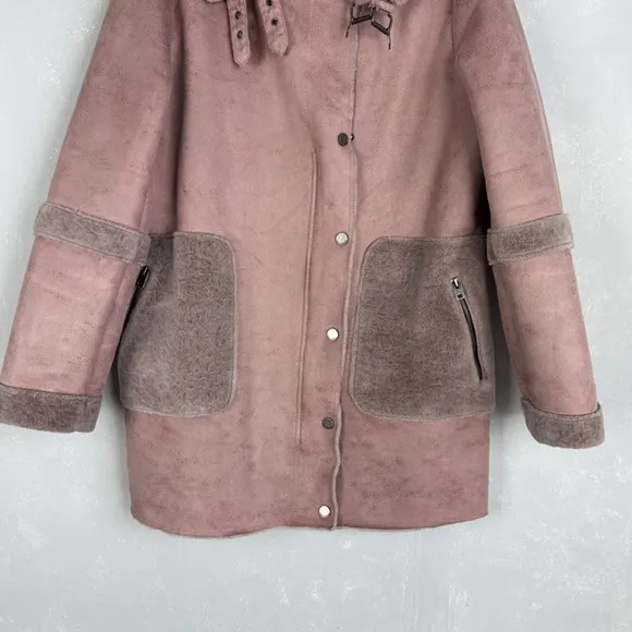 Lucky Brand women size M faux suede fur jacket mauve pink full zip mid length