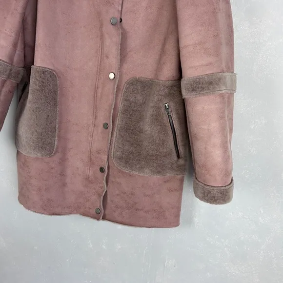 Lucky Brand women size M faux suede fur jacket mauve pink full zip mid length