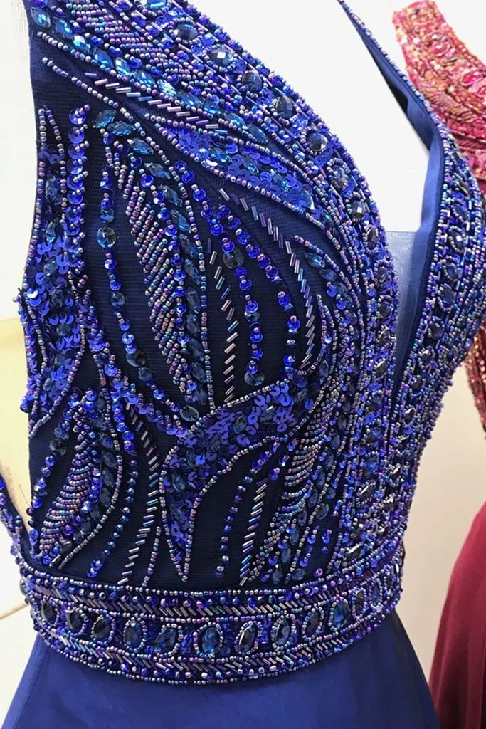 Luxurious beads bodice long chiffon prom dress, long navy blue, burgundy evening dress