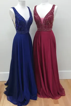 Luxurious beads bodice long chiffon prom dress, long navy blue, burgundy evening dress