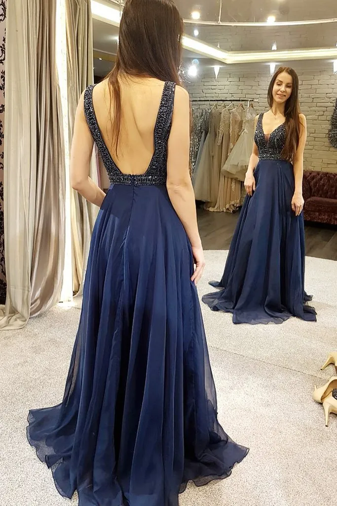 Luxurious beads bodice long chiffon prom dress, long navy blue, burgundy evening dress