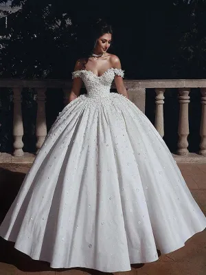 Luxury A-line Off the Shoulder Beads Vintage Long Wedding Dresses, WD0613