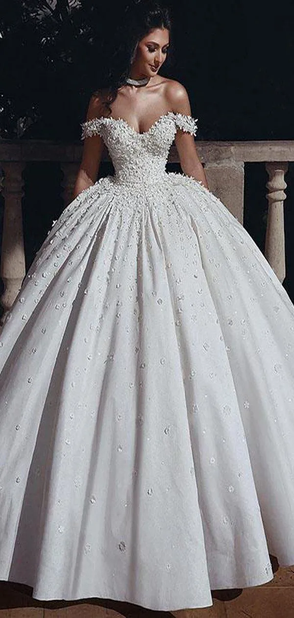 Luxury A-line Off the Shoulder Beads Vintage Long Wedding Dresses, WD0613
