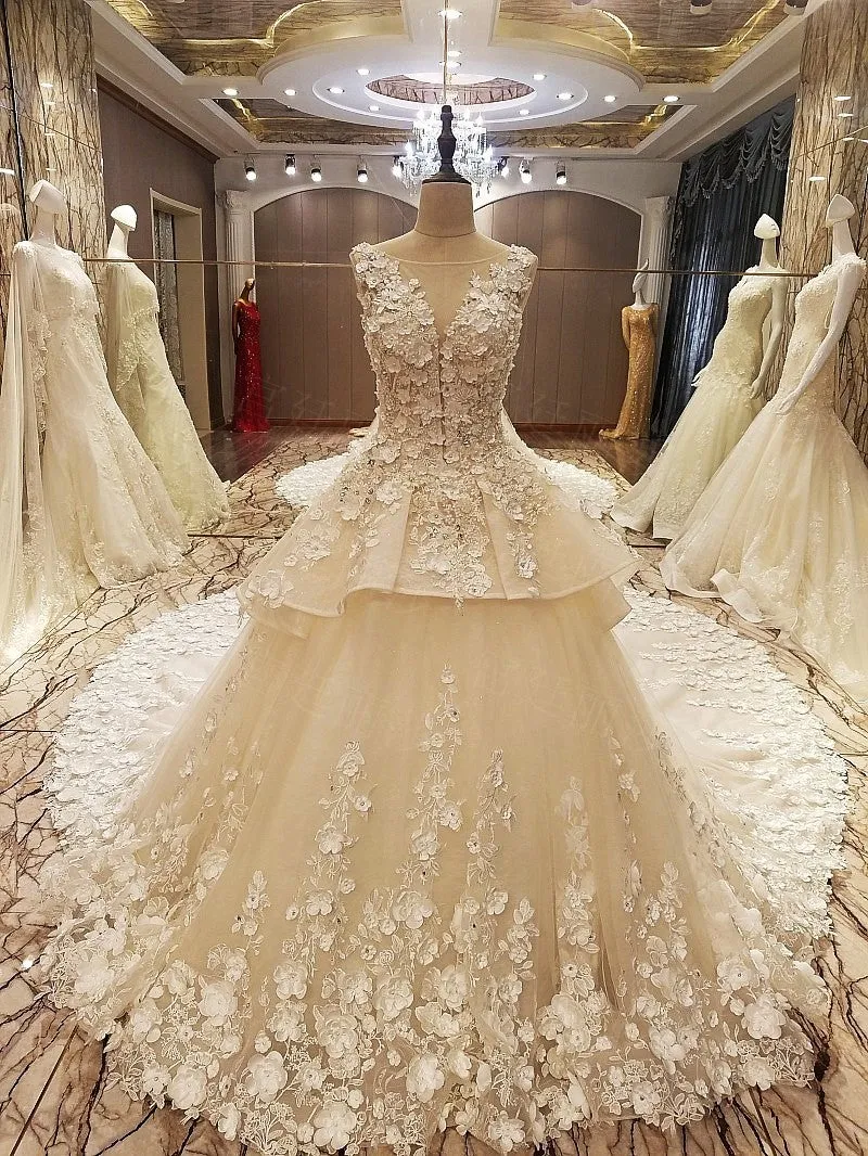 Luxury Ball Gown Wedding Dresses Online Princess Sweetheart Pink Prom Evening Dress Handmade Made Flowers Court Train Bridal Gowns