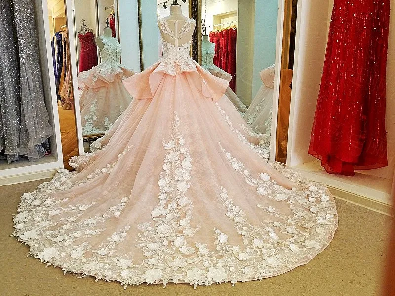 Luxury Ball Gown Wedding Dresses Online Princess Sweetheart Pink Prom Evening Dress Handmade Made Flowers Court Train Bridal Gowns