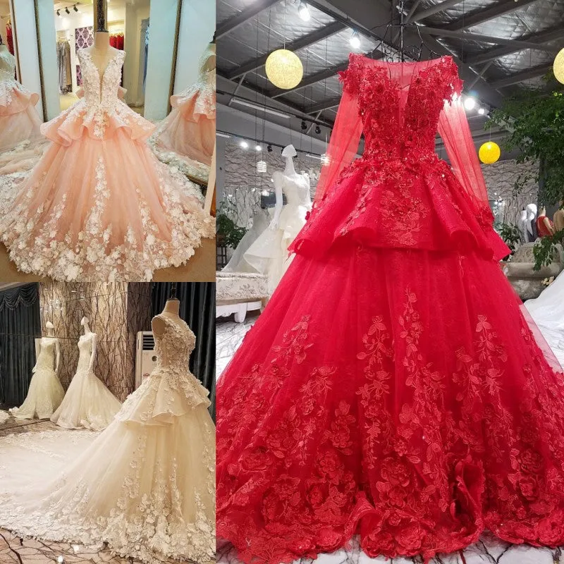 Luxury Ball Gown Wedding Dresses Online Princess Sweetheart Pink Prom Evening Dress Handmade Made Flowers Court Train Bridal Gowns