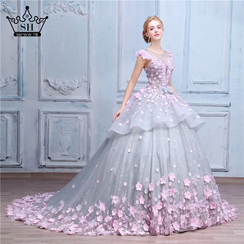 Luxury Ball Gown Wedding Dresses Online Princess Sweetheart Pink Prom Evening Dress Handmade Made Flowers Court Train Bridal Gowns