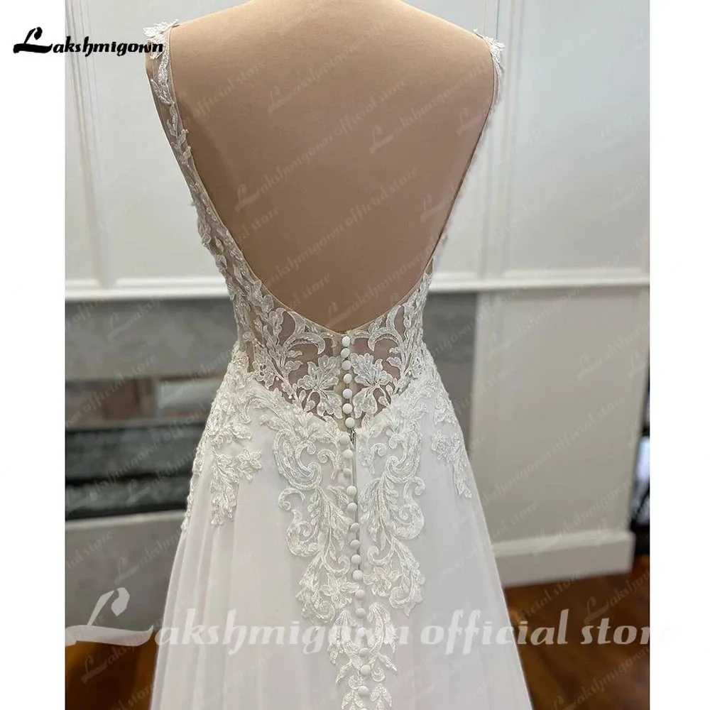 Luxury Civil Chiffon Wedding Gowns Open Back 2023 Vintage Bridal Boho Long Wedding Dresses Lace Appliques V neck Vestido Boda