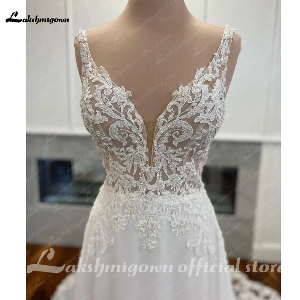 Luxury Civil Chiffon Wedding Gowns Open Back 2023 Vintage Bridal Boho Long Wedding Dresses Lace Appliques V neck Vestido Boda