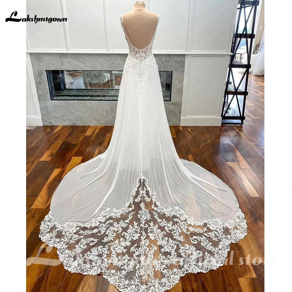 Luxury Civil Chiffon Wedding Gowns Open Back 2023 Vintage Bridal Boho Long Wedding Dresses Lace Appliques V neck Vestido Boda