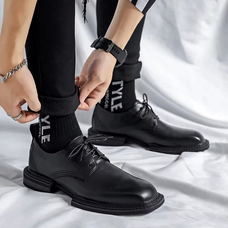 Luxury Designer Square Toe Men Vintage Leather Shoes Widened Sole British Formal Dress Loafers Black Lace-Up Men'S Shoes