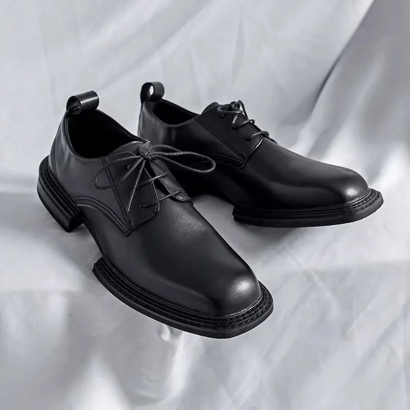 Luxury Designer Square Toe Men Vintage Leather Shoes Widened Sole British Formal Dress Loafers Black Lace-Up Men'S Shoes