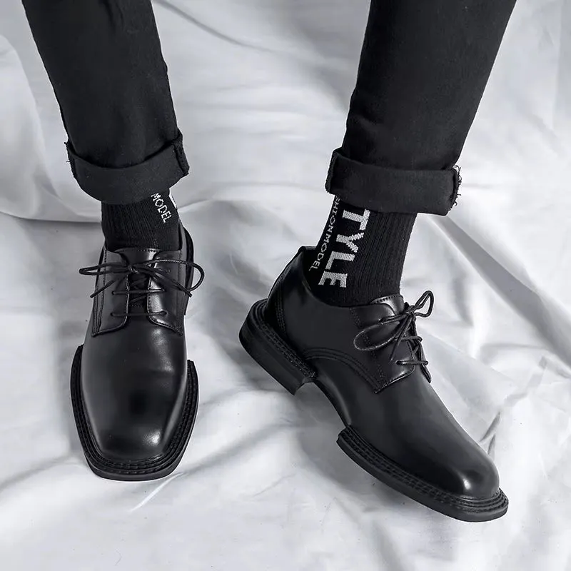 Luxury Designer Square Toe Men Vintage Leather Shoes Widened Sole British Formal Dress Loafers Black Lace-Up Men'S Shoes