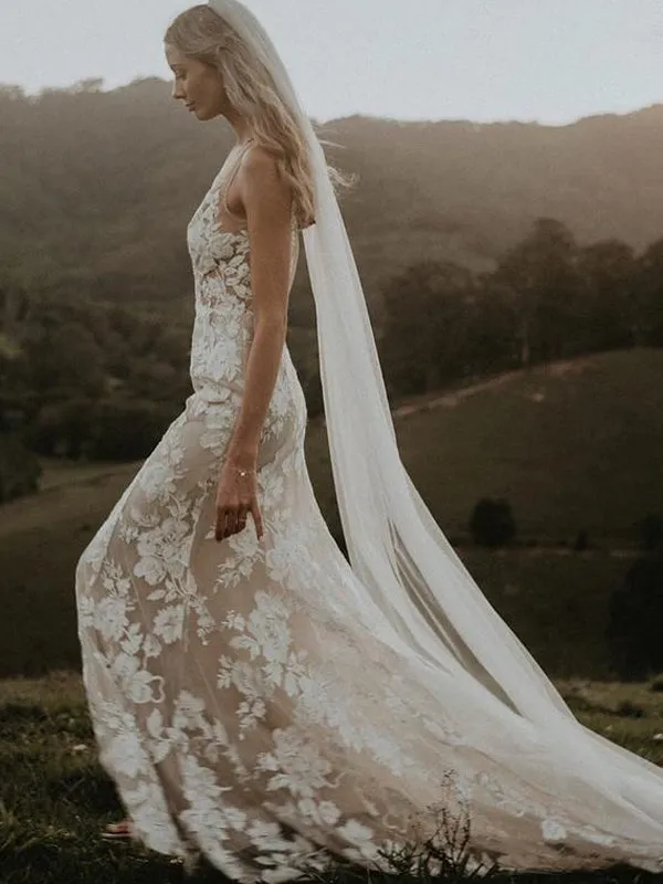 Luxury Ivory Mermaid Rustic Boho Lace Long Vintage Wedding Dresses, WD0581