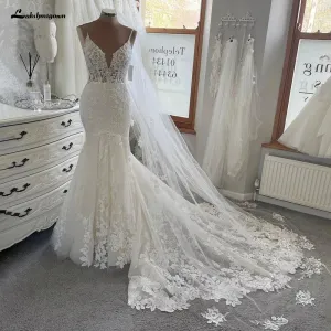 Luxury Lace Mermaid Wedding Dress 2022 Spaghetti Straps Wedding Dresses Plus Size Custom Made Long Train Bridal Dress
