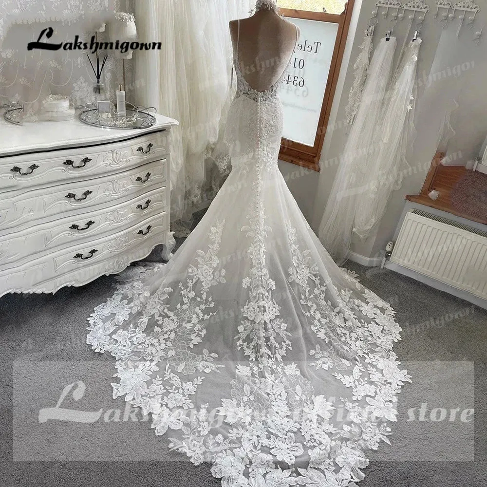 Luxury Lace Mermaid Wedding Dress 2022 Spaghetti Straps Wedding Dresses Plus Size Custom Made Long Train Bridal Dress