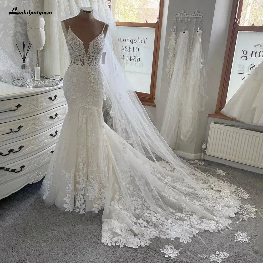 Luxury Lace Mermaid Wedding Dress 2022 Spaghetti Straps Wedding Dresses Plus Size Custom Made Long Train Bridal Dress