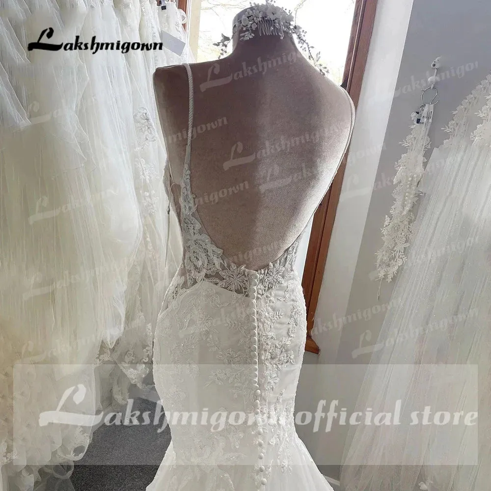 Luxury Lace Mermaid Wedding Dress 2022 Spaghetti Straps Wedding Dresses Plus Size Custom Made Long Train Bridal Dress