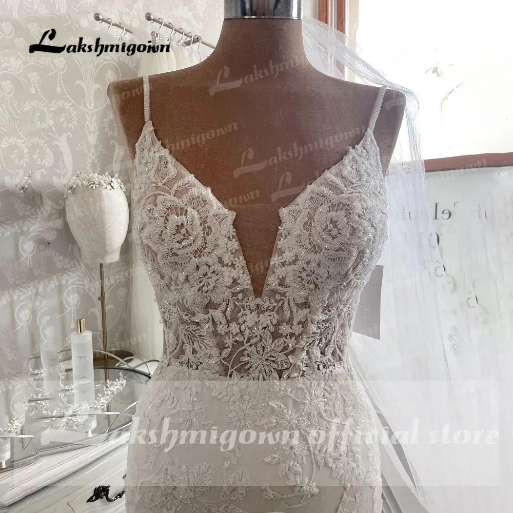 Luxury Lace Mermaid Wedding Dress 2022 Spaghetti Straps Wedding Dresses Plus Size Custom Made Long Train Bridal Dress