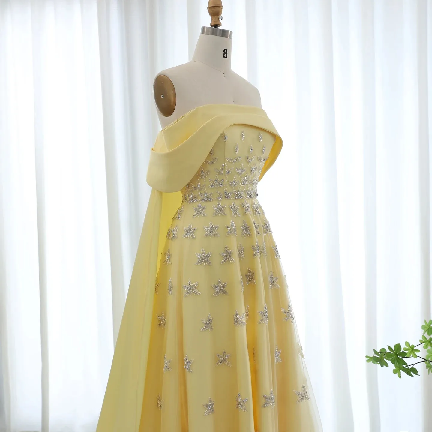 Luxury Off Shoulder Yellow Satin Evening Dress with Cape