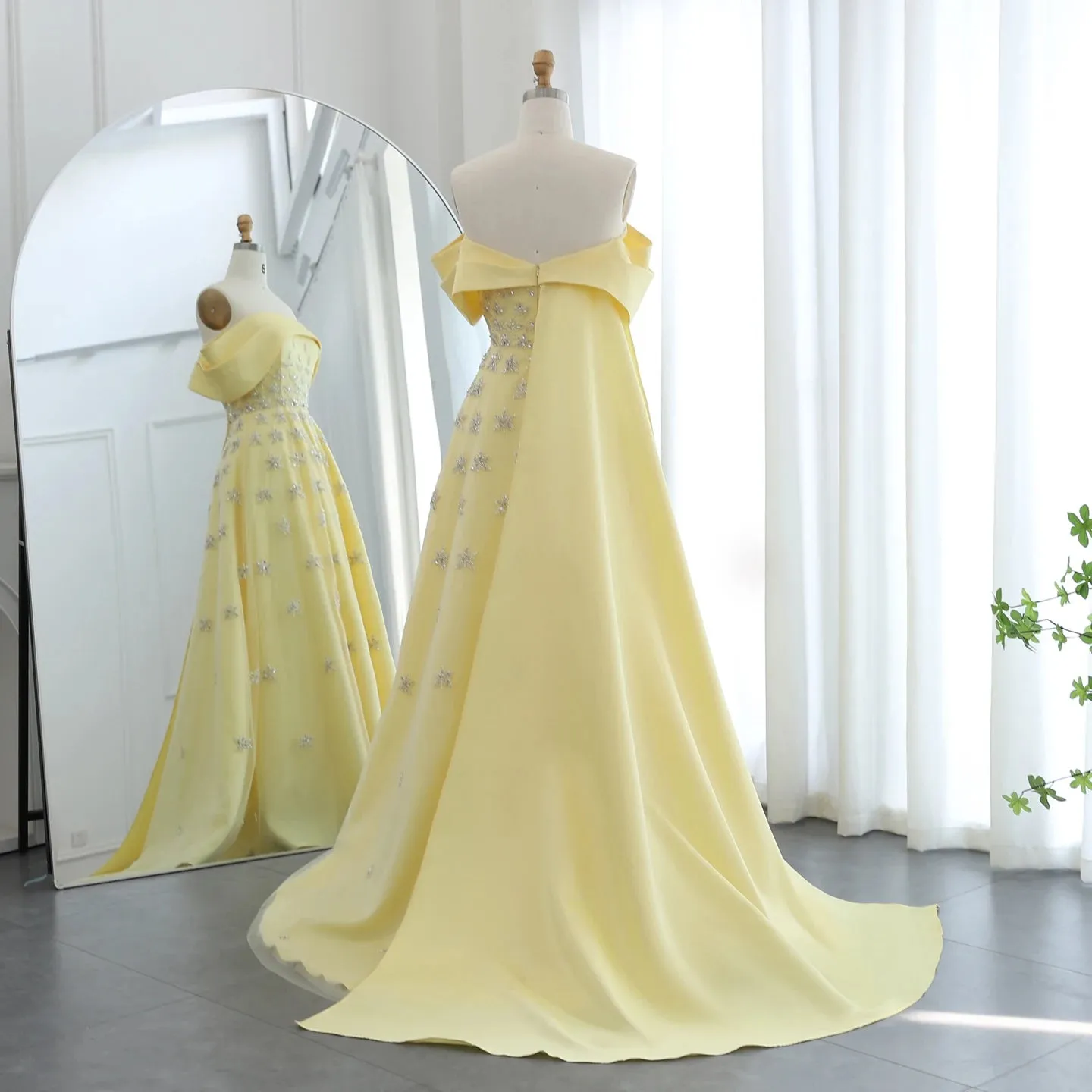 Luxury Off Shoulder Yellow Satin Evening Dress with Cape