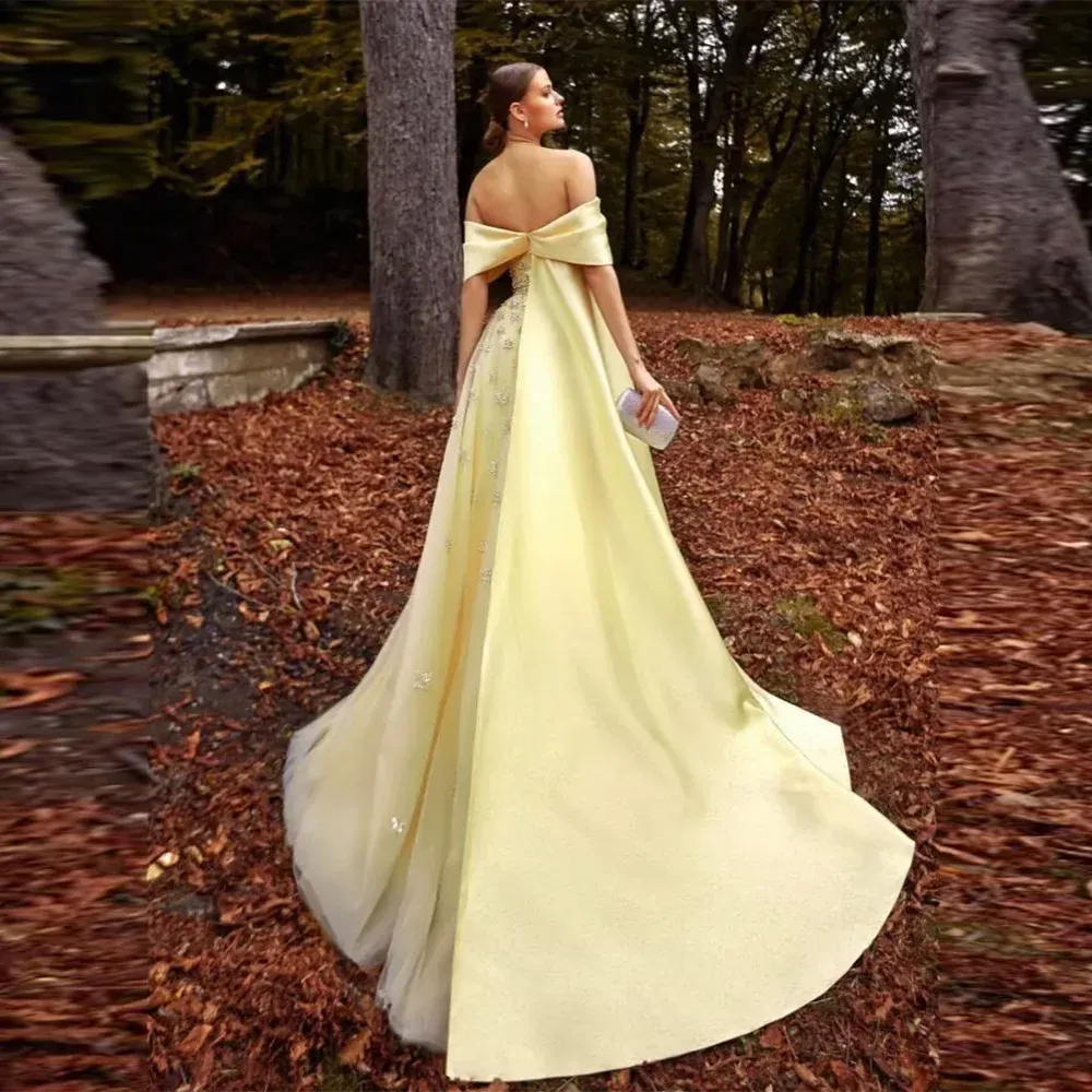Luxury Off Shoulder Yellow Satin Evening Dress with Cape