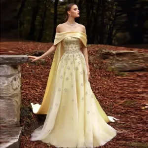 Luxury Off Shoulder Yellow Satin Evening Dress with Cape