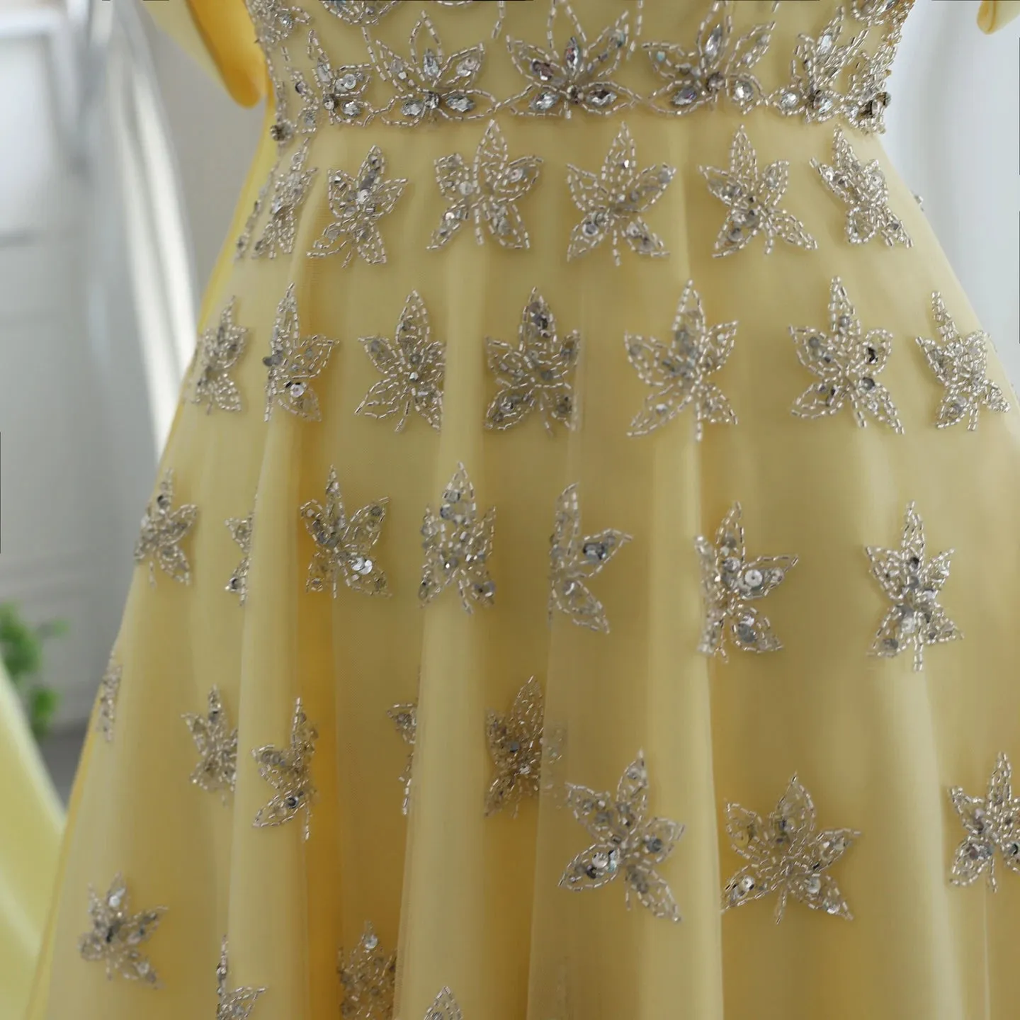 Luxury Off Shoulder Yellow Satin Evening Dress with Cape