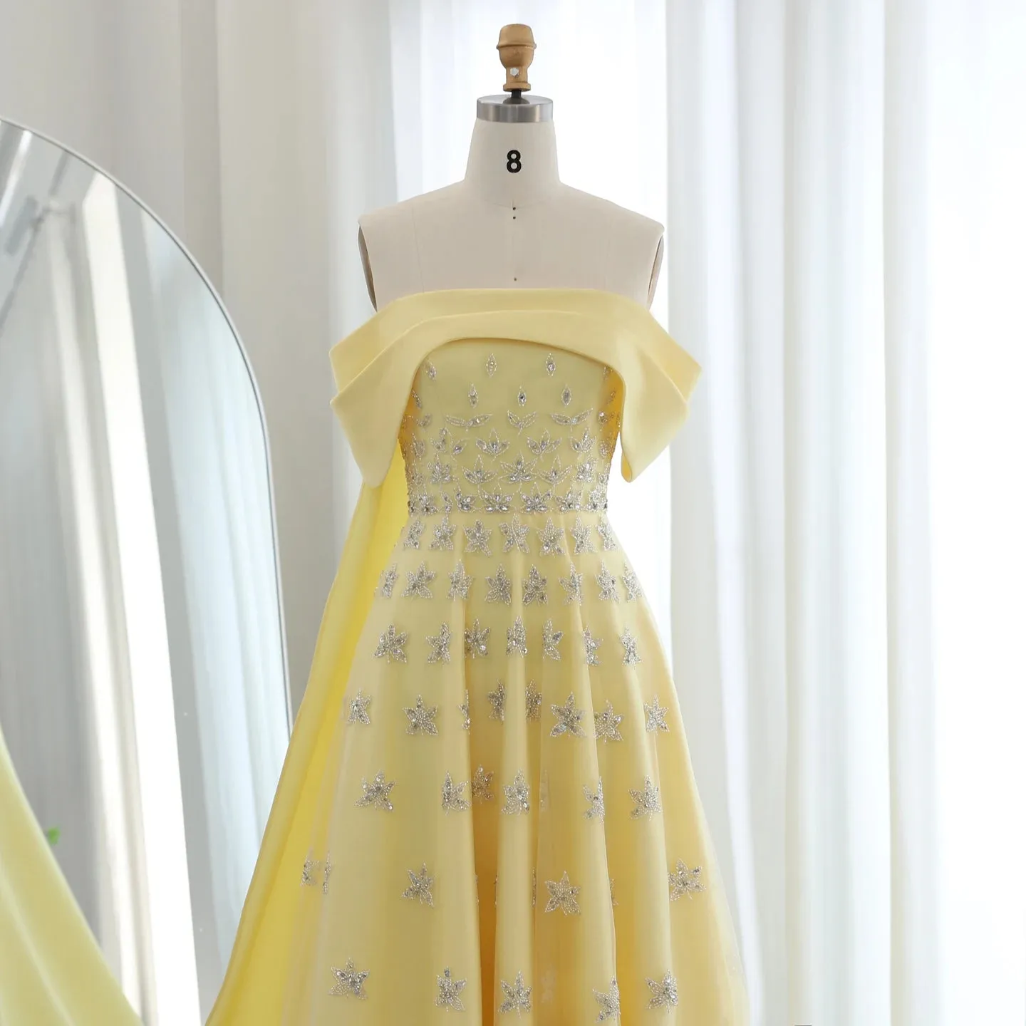 Luxury Off Shoulder Yellow Satin Evening Dress with Cape