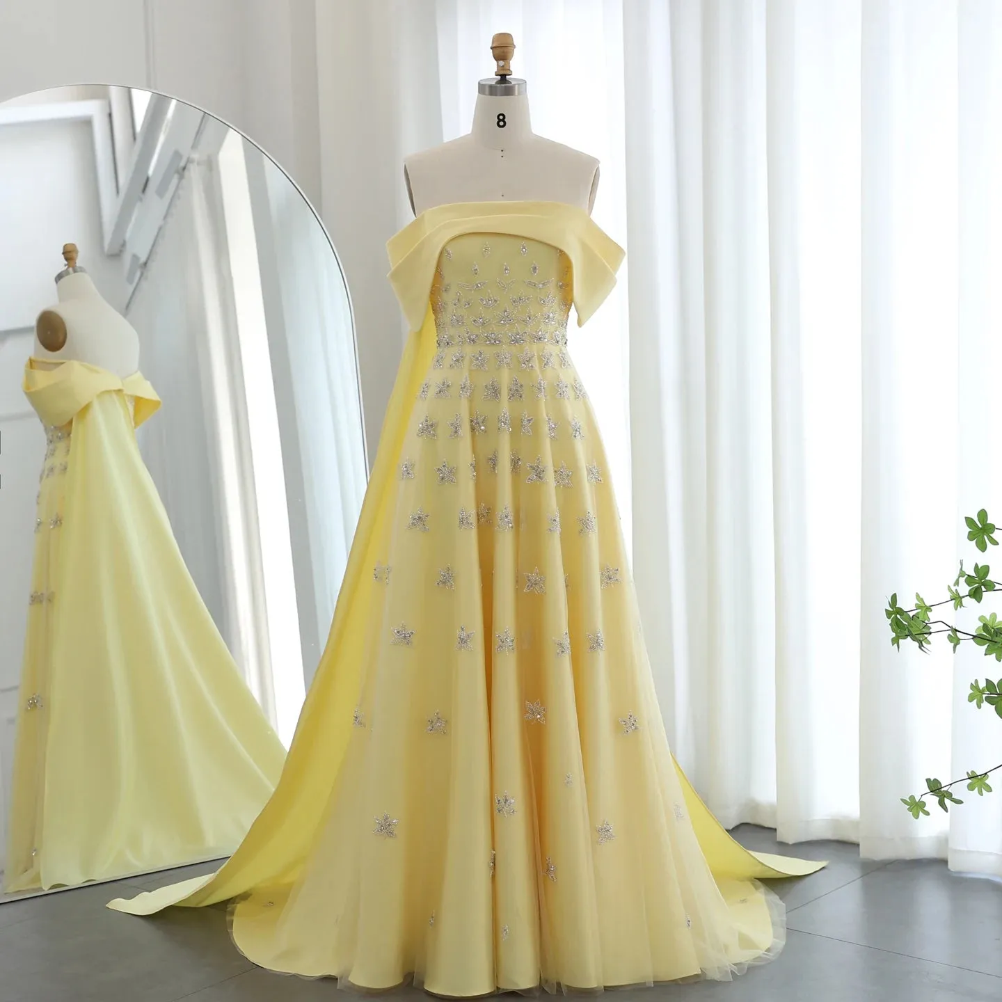 Luxury Off Shoulder Yellow Satin Evening Dress with Cape
