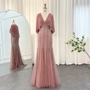 Luxury V-Neck Pink Evening Dress with Cape