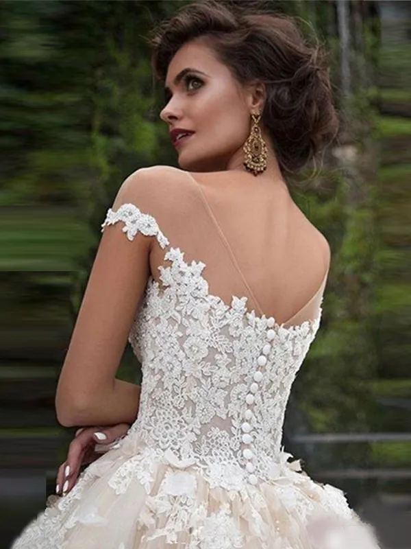 Luxury Vintage Lace Sweetheart Off-shoulder A-line Tulle Wedding Dress, WD3031