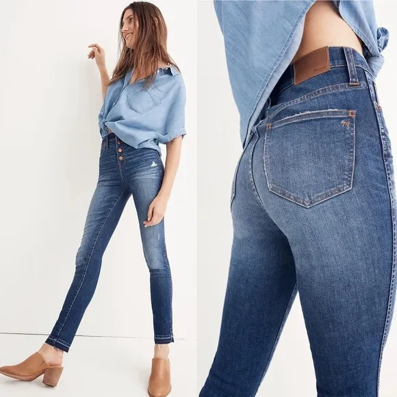 Madewell 10&quot; High Rise Button Fly Distressed Drop Hem Skinny Jeans Size 25