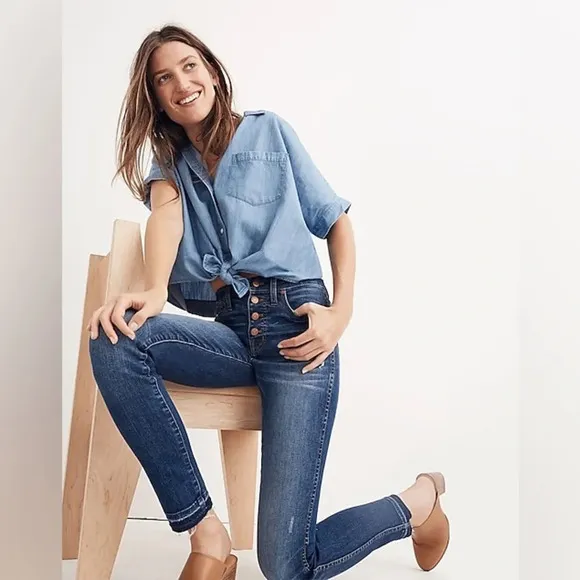 Madewell 10&quot; High Rise Button Fly Distressed Drop Hem Skinny Jeans Size 25