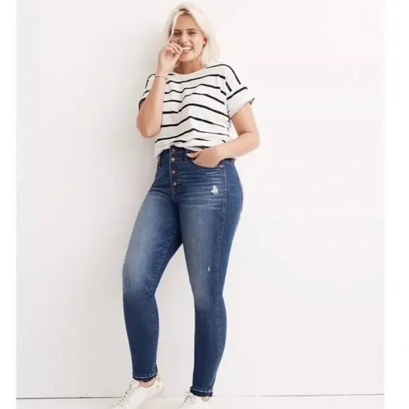 Madewell 10&quot; High Rise Button Fly Distressed Drop Hem Skinny Jeans Size 25