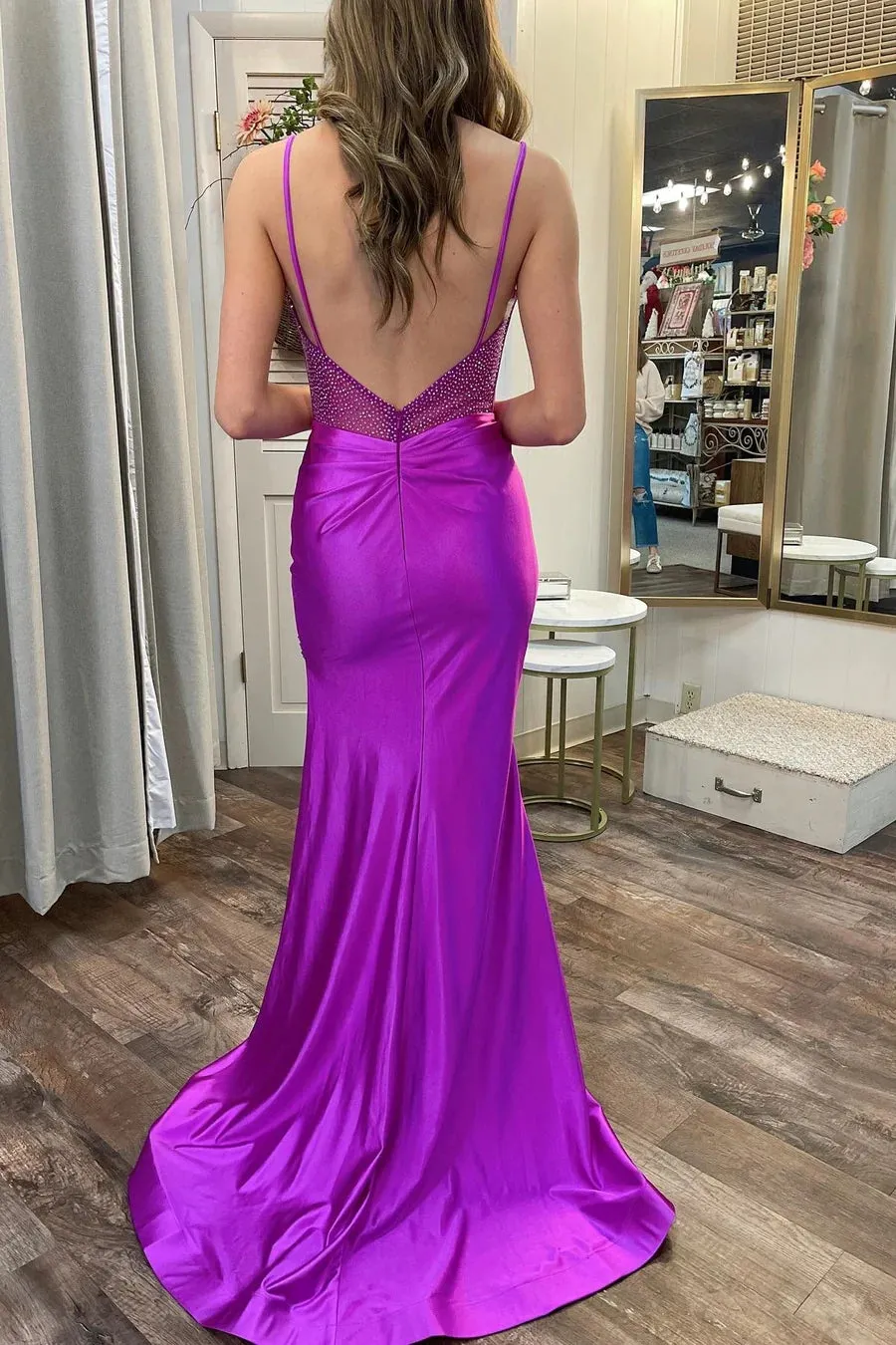 Magenta Split Spaghetti Strap Long Prom Gown with Beading TP1254