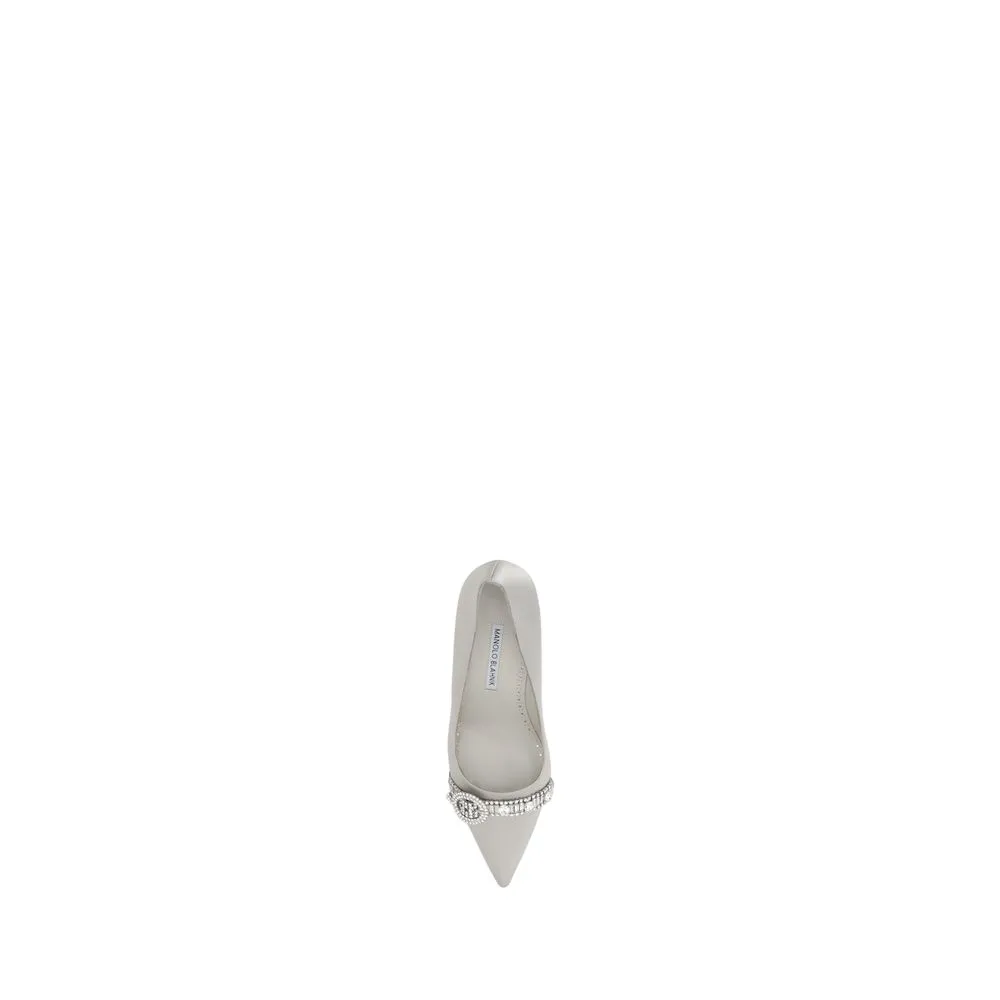Manolo Blahnik Asapump Women Silver Pumps Satin Rhinestones Kitchen Heel Shoes