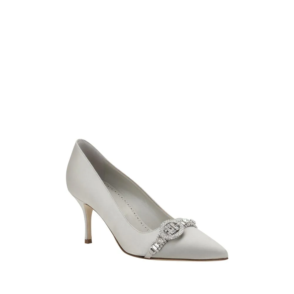 Manolo Blahnik Asapump Women Silver Pumps Satin Rhinestones Kitchen Heel Shoes