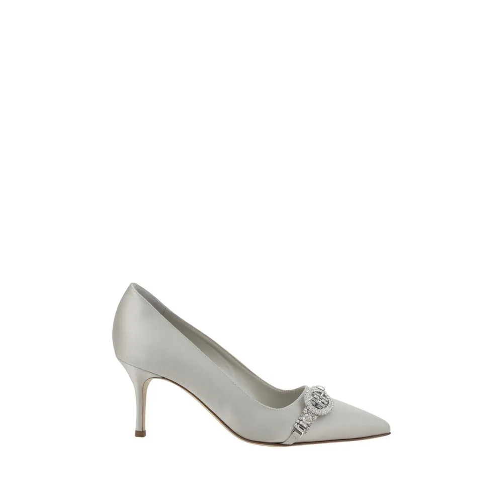 Manolo Blahnik Asapump Women Silver Pumps Satin Rhinestones Kitchen Heel Shoes